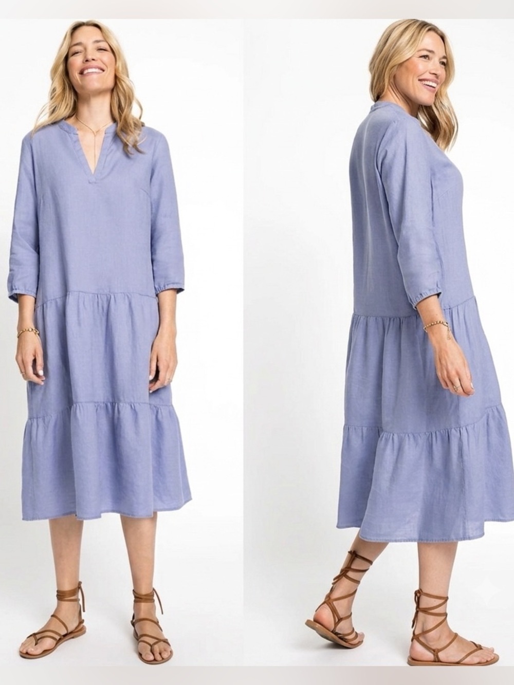 Olsen 100% Linen Tiered Midi Dress Lightweight Boho Blue M 10 V Neck ALine Flowy